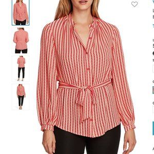 Vince Camuto Long Sleeve Geometric Decorated Button Down Belted Top